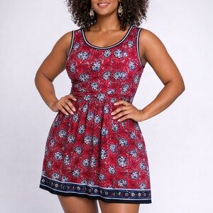 Mod Retro Red White Blue Mini Dress Sz L Floral AOP Border Print Fit and Flare